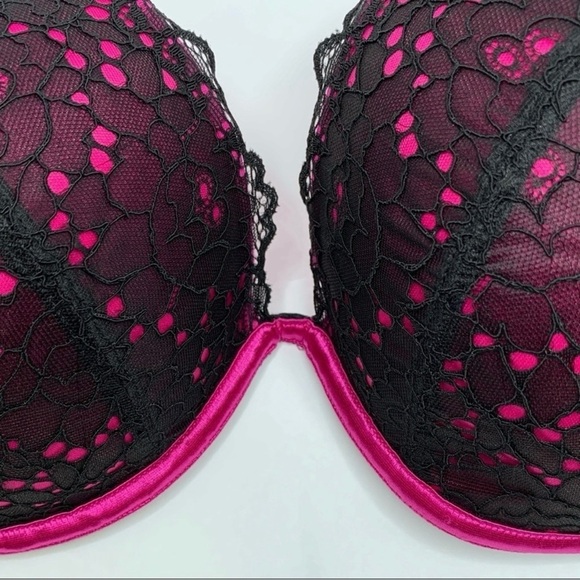 PLUNGE BRA Pink and black Lace Underwire Plunge Adjustable Hook n eye 36DD/36E - Picture 4 of 9